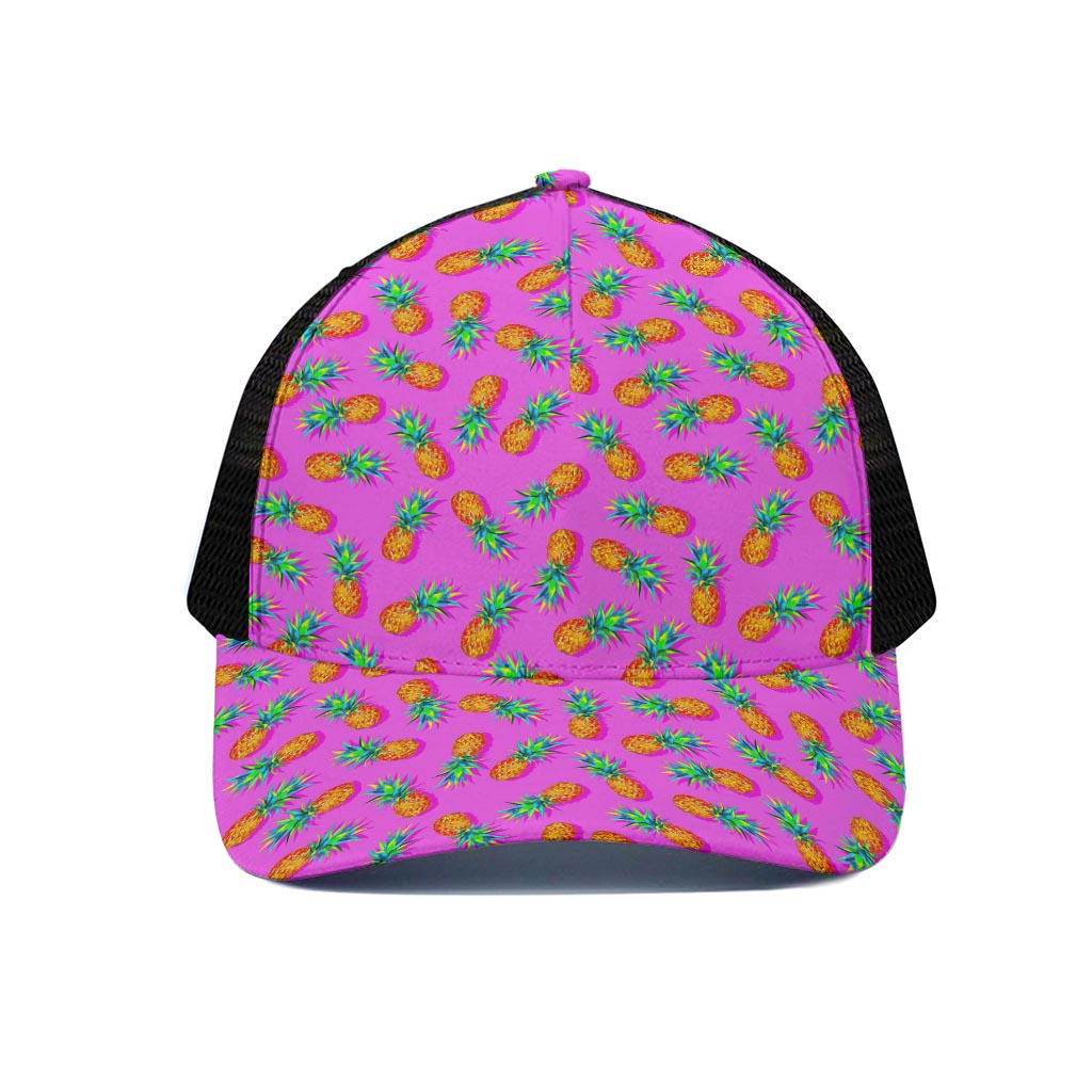 Hot Pink Pineapple Pattern Print Black Mesh Trucker Cap