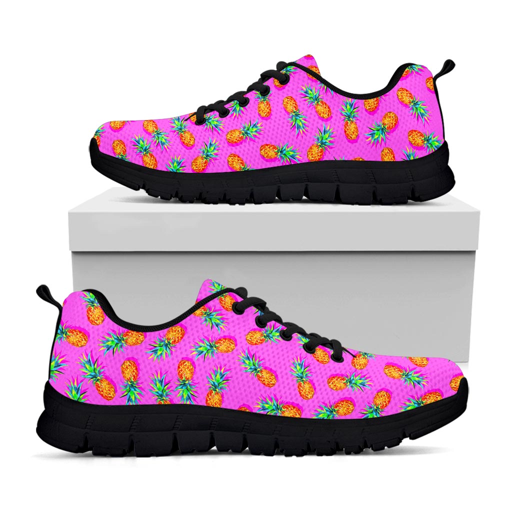 Hot Pink Pineapple Pattern Print Black Running Shoes
