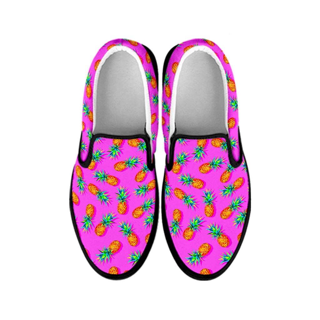 Hot Pink Pineapple Pattern Print Black Slip On Sneakers