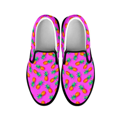 Hot Pink Pineapple Pattern Print Black Slip On Sneakers