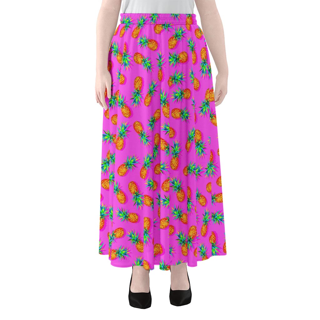 Hot Pink Pineapple Pattern Print Chiffon Maxi Skirt