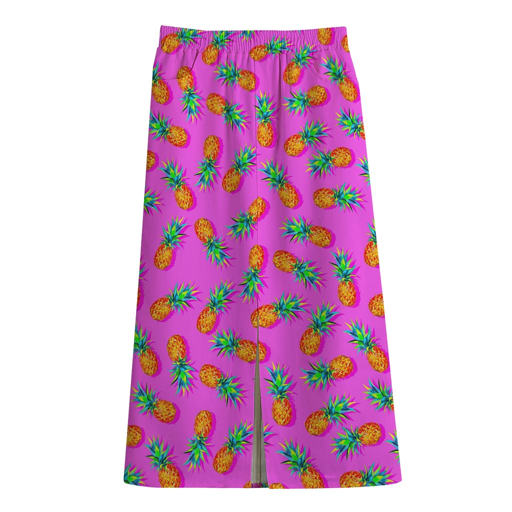 Hot Pink Pineapple Pattern Print Cotton Front Slit Maxi Skirt