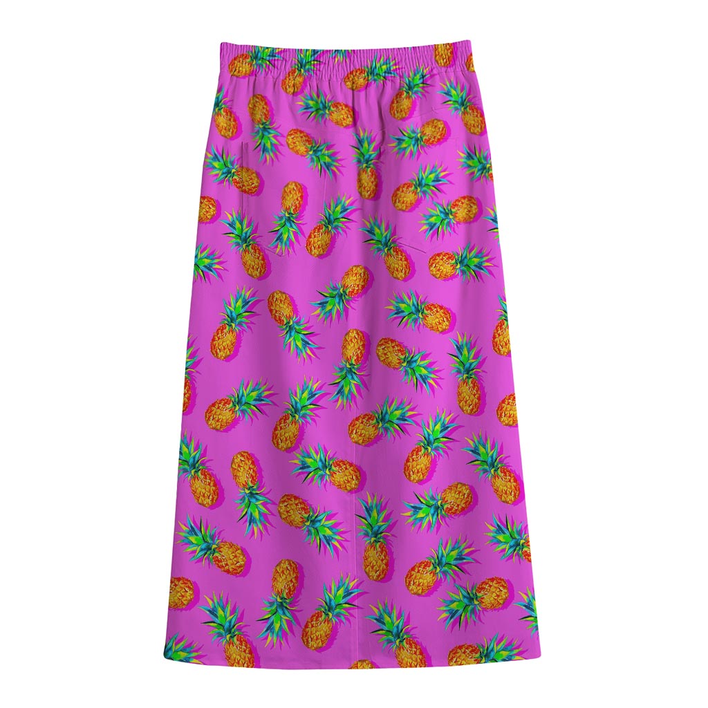 Hot Pink Pineapple Pattern Print Cotton Front Slit Maxi Skirt
