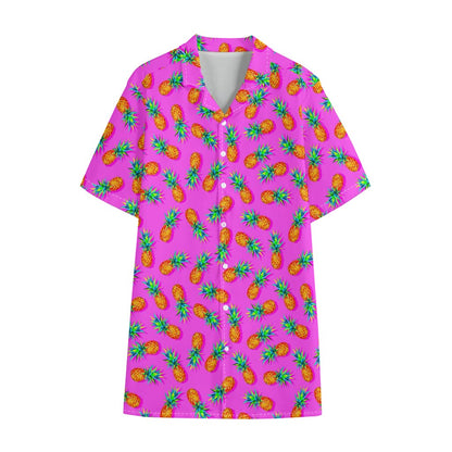 Hot Pink Pineapple Pattern Print Cotton Hawaiian Shirt