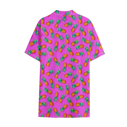 Hot Pink Pineapple Pattern Print Cotton Hawaiian Shirt