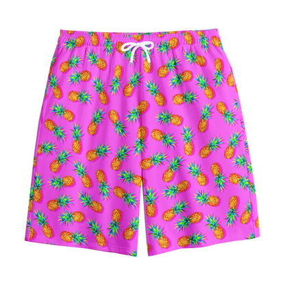 Hot Pink Pineapple Pattern Print Cotton Shorts