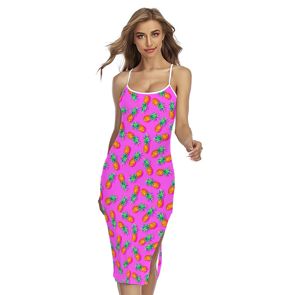 Hot Pink Pineapple Pattern Print Cross Back Cami Dress