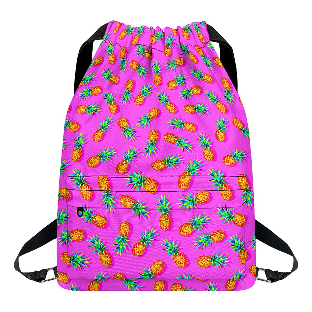 Hot Pink Pineapple Pattern Print Drawstring Backpack