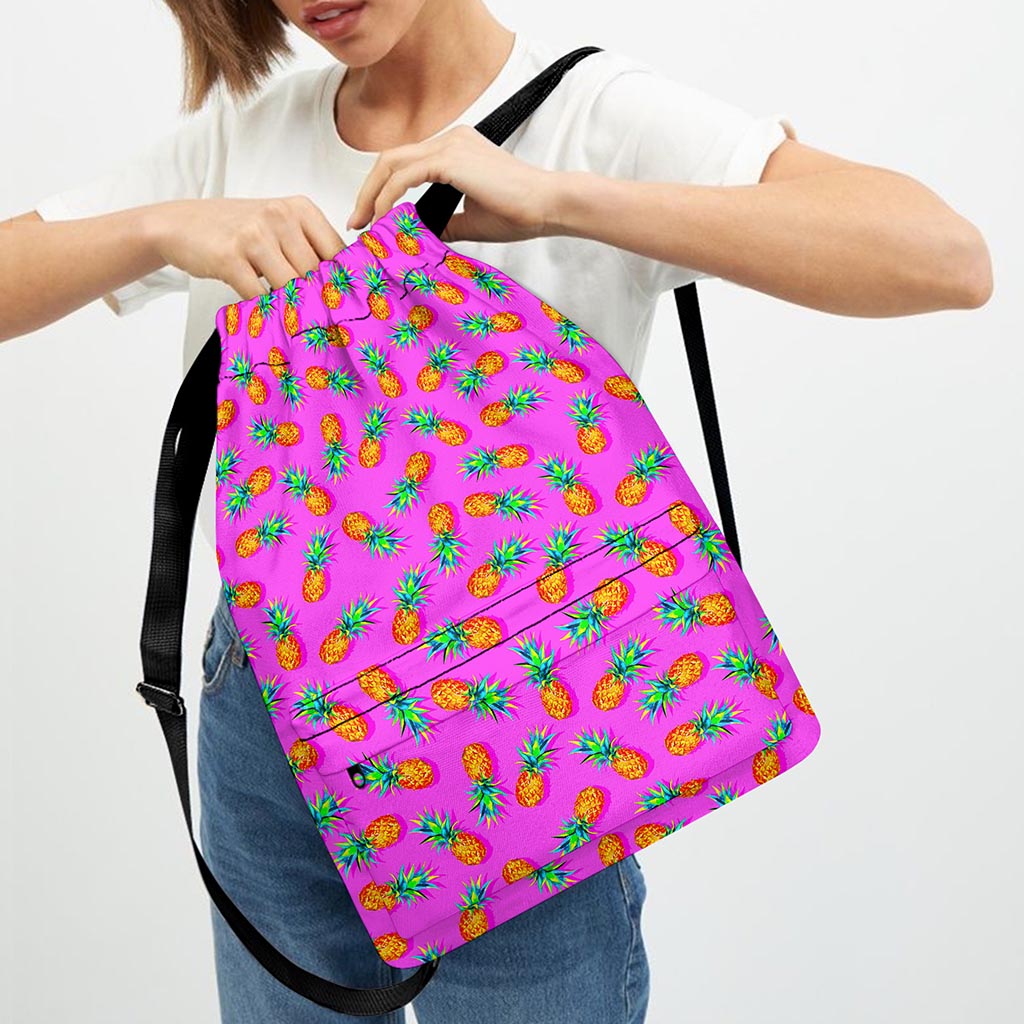 Hot Pink Pineapple Pattern Print Drawstring Backpack