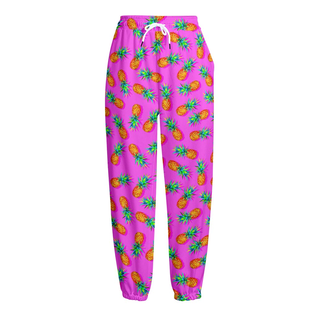 Hot Pink Pineapple Pattern Print Fleece Lined Knit Pants