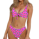 Hot Pink Pineapple Pattern Print Front Bow Tie Bikini