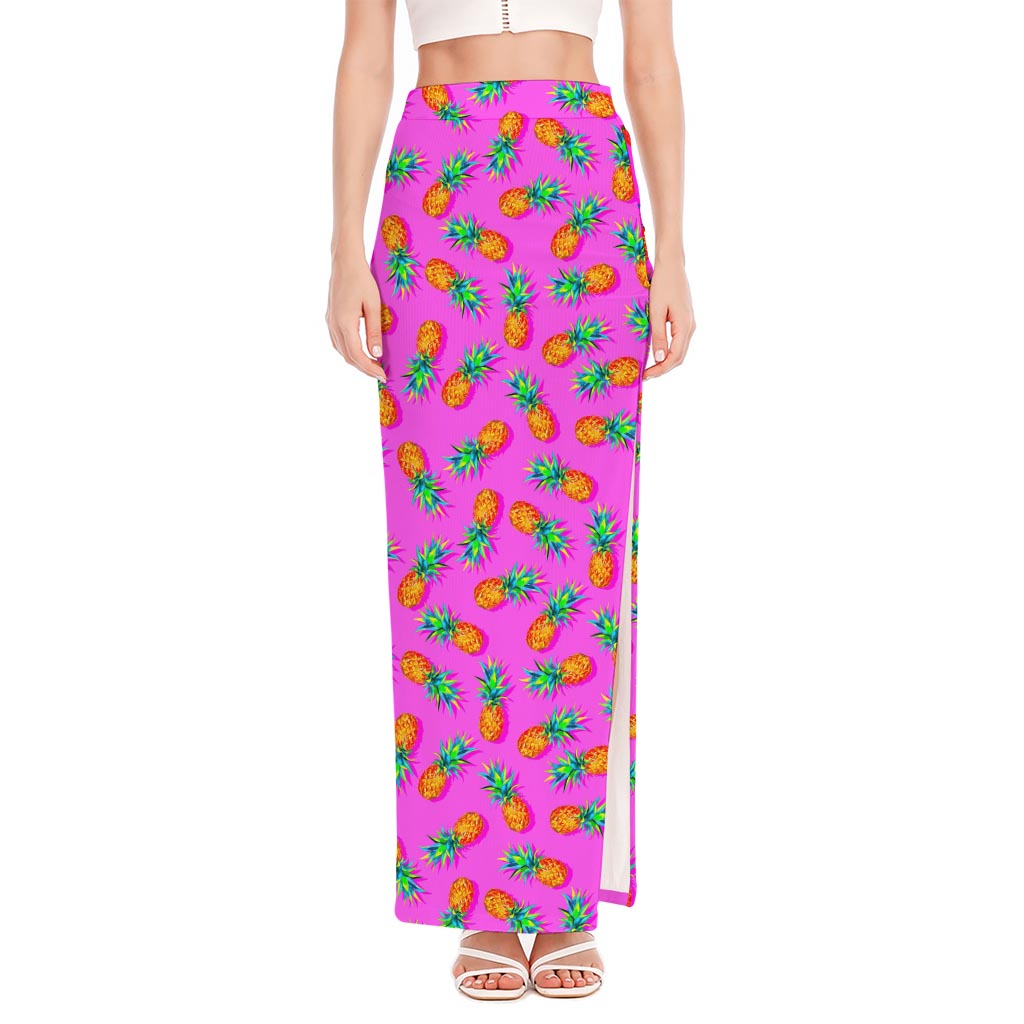 Hot Pink Pineapple Pattern Print High Slit Maxi Skirt