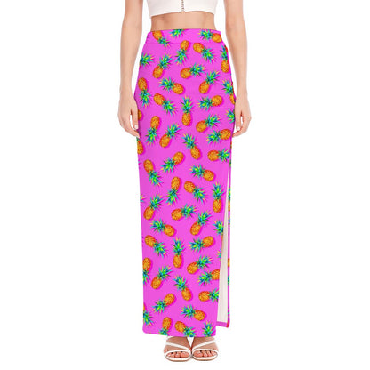 Hot Pink Pineapple Pattern Print High Slit Maxi Skirt