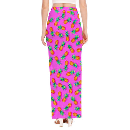 Hot Pink Pineapple Pattern Print High Slit Maxi Skirt
