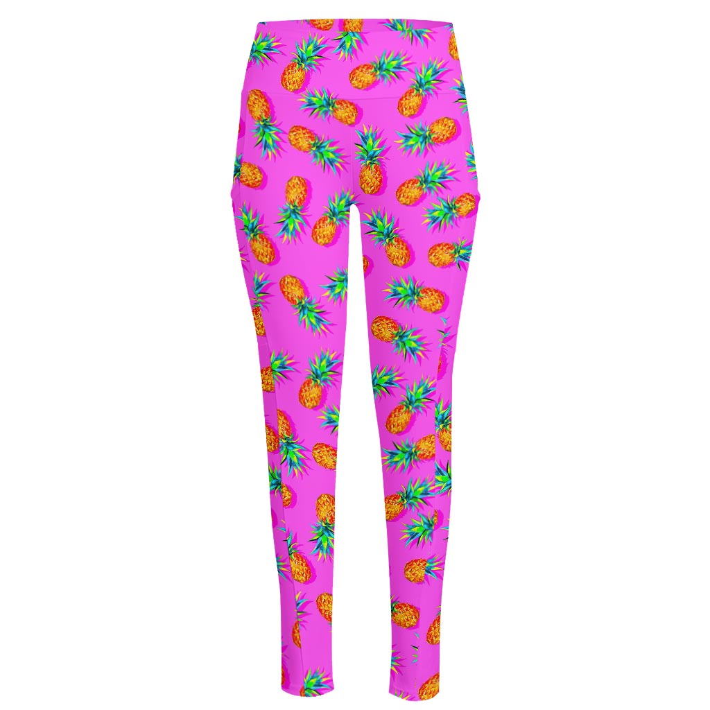 Hot Pink Pineapple Pattern Print High-Waisted Pocket Leggings