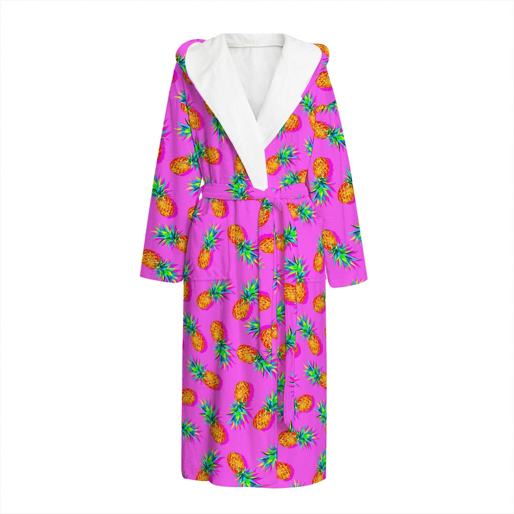 Hot Pink Pineapple Pattern Print Hooded Bathrobe