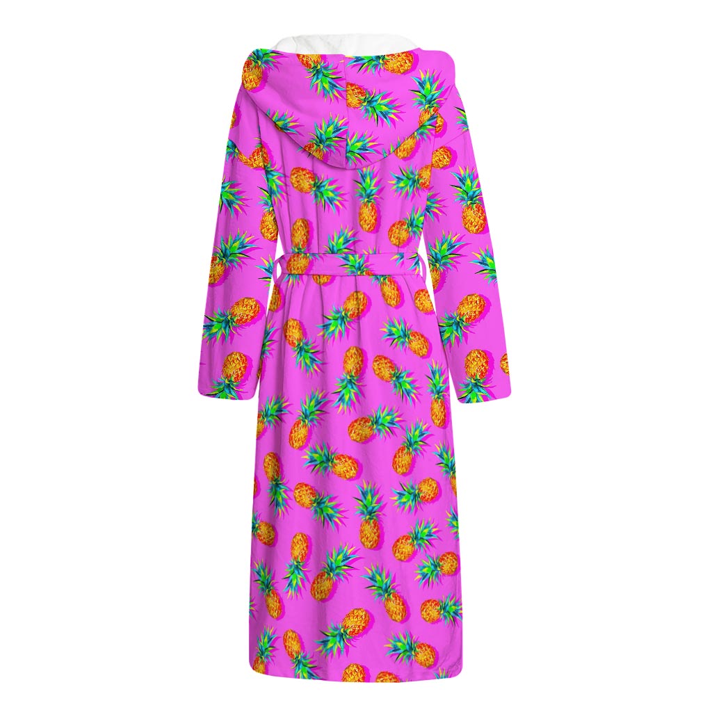 Hot Pink Pineapple Pattern Print Hooded Bathrobe