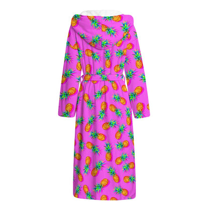 Hot Pink Pineapple Pattern Print Hooded Bathrobe