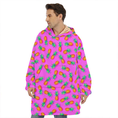 Hot Pink Pineapple Pattern Print Hoodie Blanket