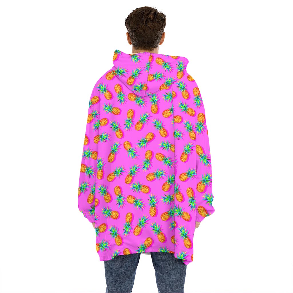 Hot Pink Pineapple Pattern Print Hoodie Blanket