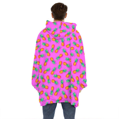 Hot Pink Pineapple Pattern Print Hoodie Blanket