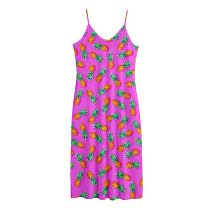 Hot Pink Pineapple Pattern Print Jersey Midi Cami Dress