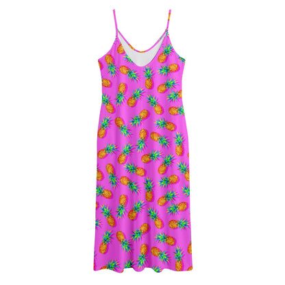 Hot Pink Pineapple Pattern Print Jersey Midi Cami Dress
