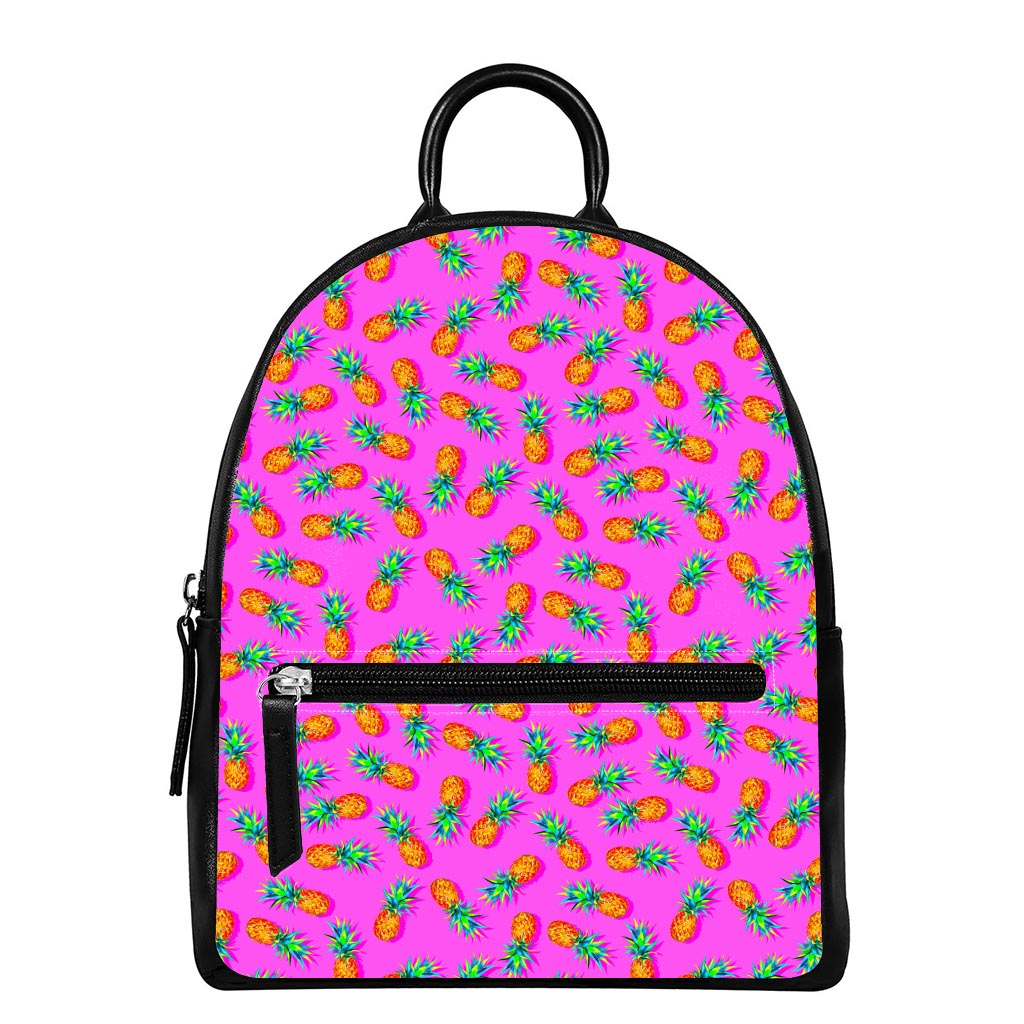 Hot Pink Pineapple Pattern Print Leather Backpack