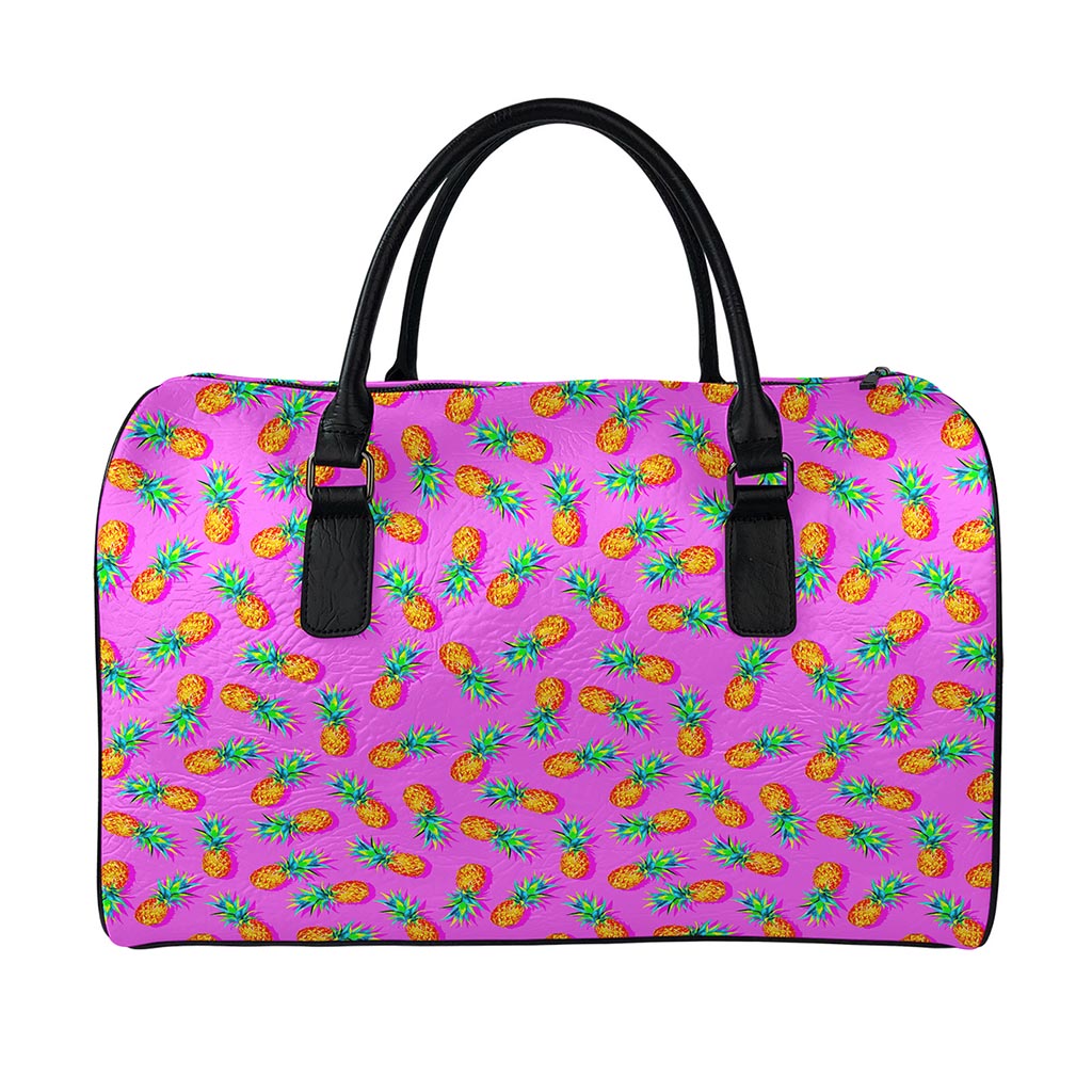 Hot Pink Pineapple Pattern Print Leather Duffle Bag