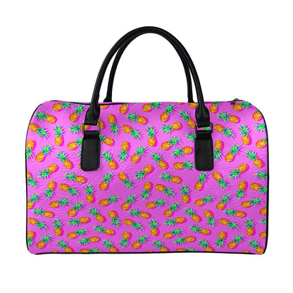 Hot Pink Pineapple Pattern Print Leather Duffle Bag