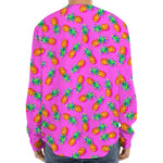 Hot Pink Pineapple Pattern Print Long Sleeve Baseball Jersey