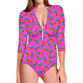 Hot Pink Pineapple Pattern Print Long Sleeve Swimsuit