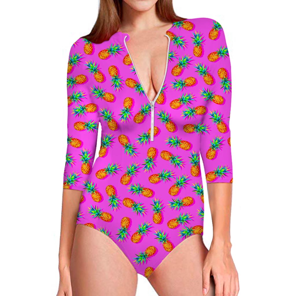 Hot Pink Pineapple Pattern Print Long Sleeve Swimsuit
