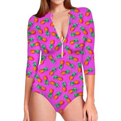 Hot Pink Pineapple Pattern Print Long Sleeve Swimsuit