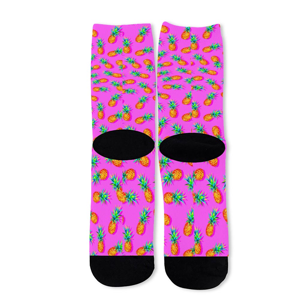 Hot Pink Pineapple Pattern Print Long Socks