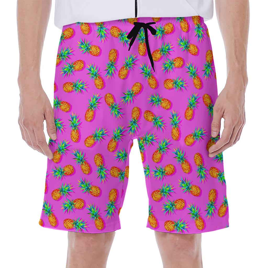 Hot Pink Pineapple Pattern Print Men's Beach Shorts