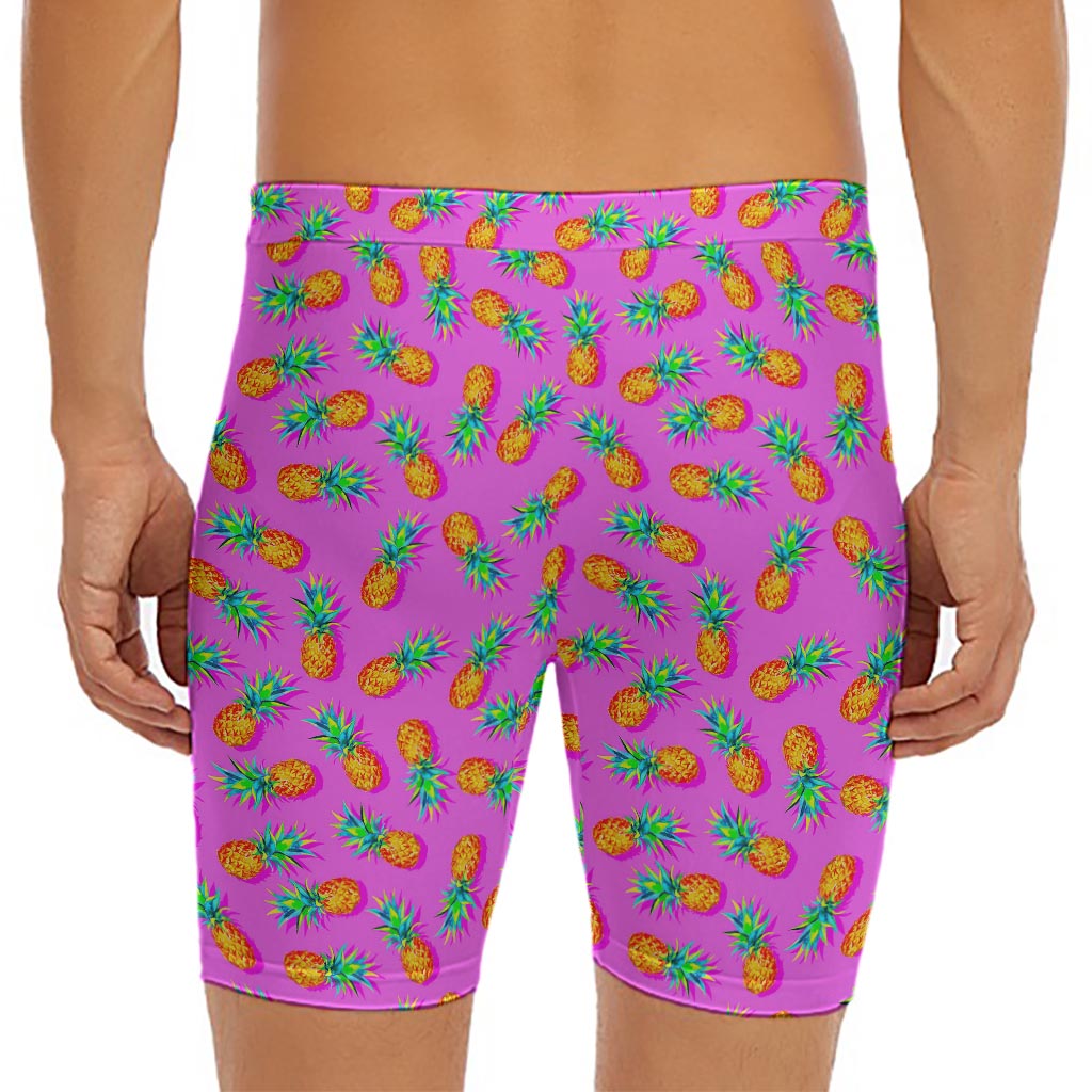 Hot Pink Pineapple Pattern Print Men's Long Boxer Briefs