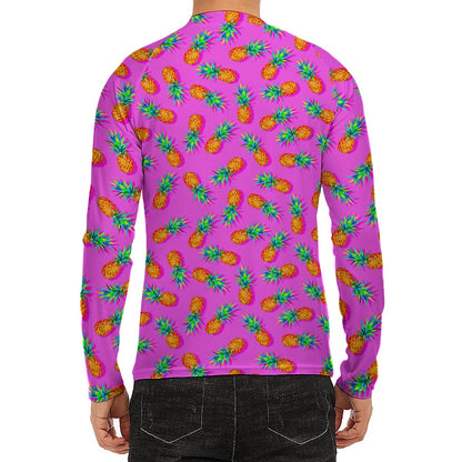 Hot Pink Pineapple Pattern Print Men's Long Sleeve Rash Guard