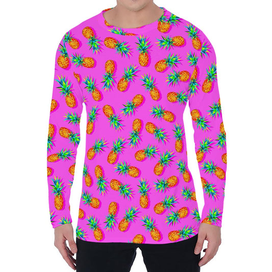 Hot Pink Pineapple Pattern Print Men's Long Sleeve T-Shirt