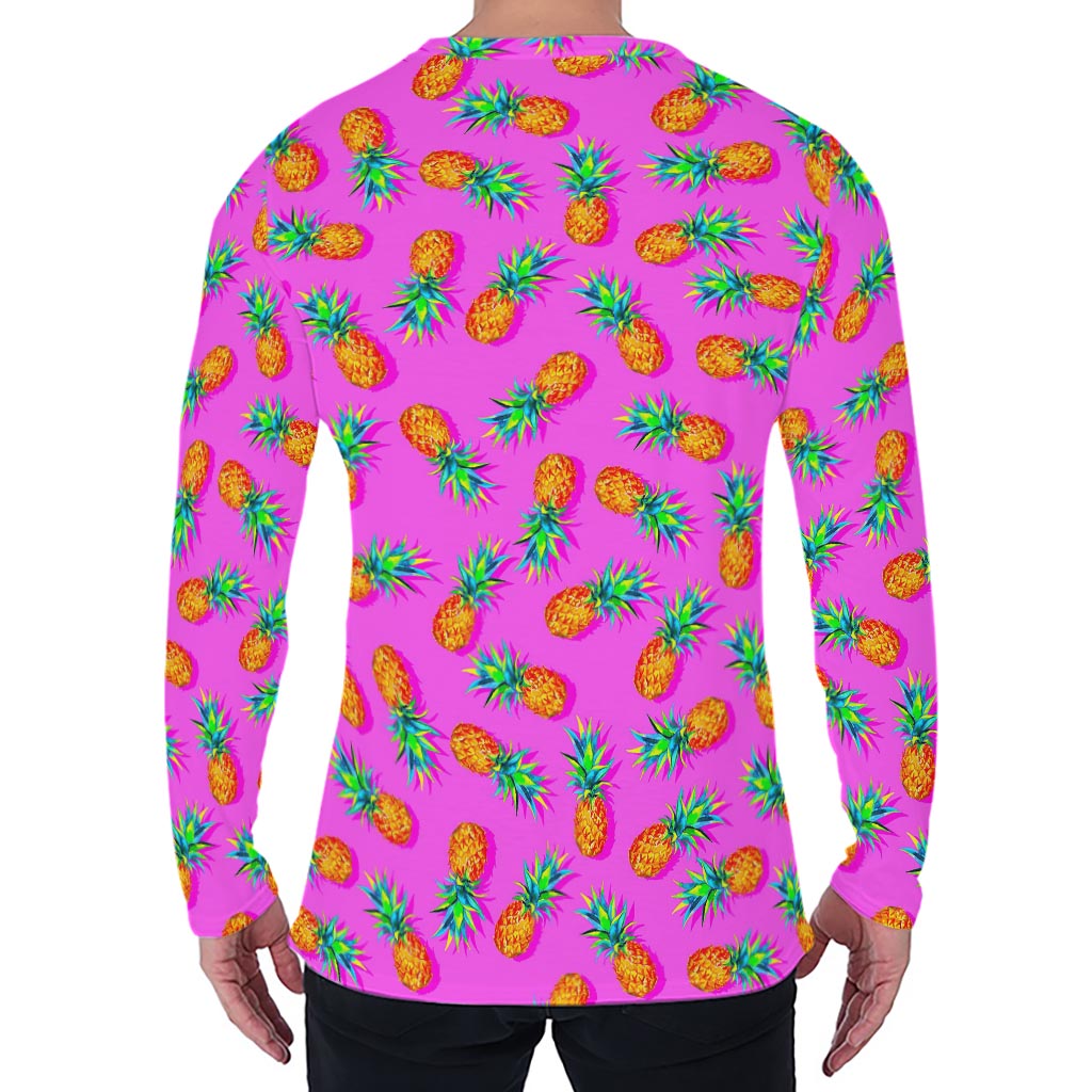 Hot Pink Pineapple Pattern Print Men's Long Sleeve T-Shirt