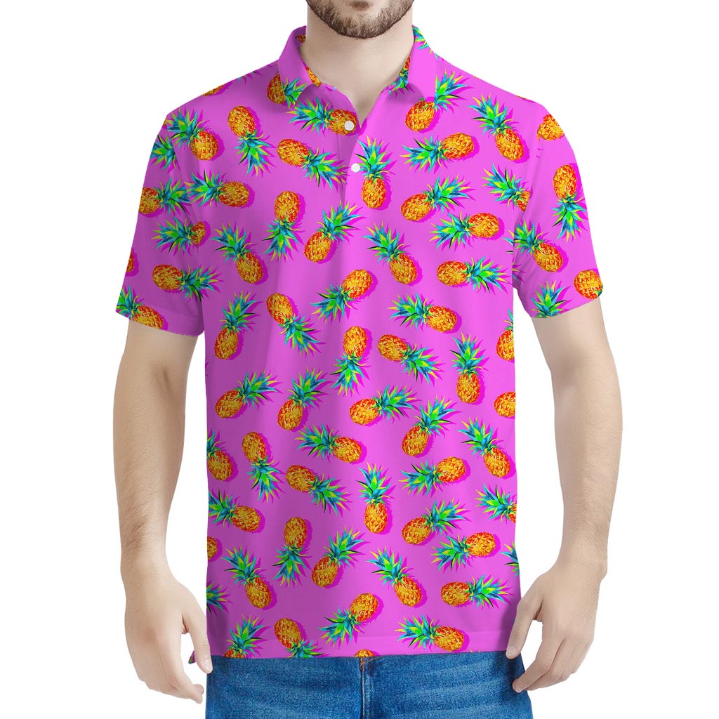 Hot Pink Pineapple Pattern Print Men's Polo Shirt