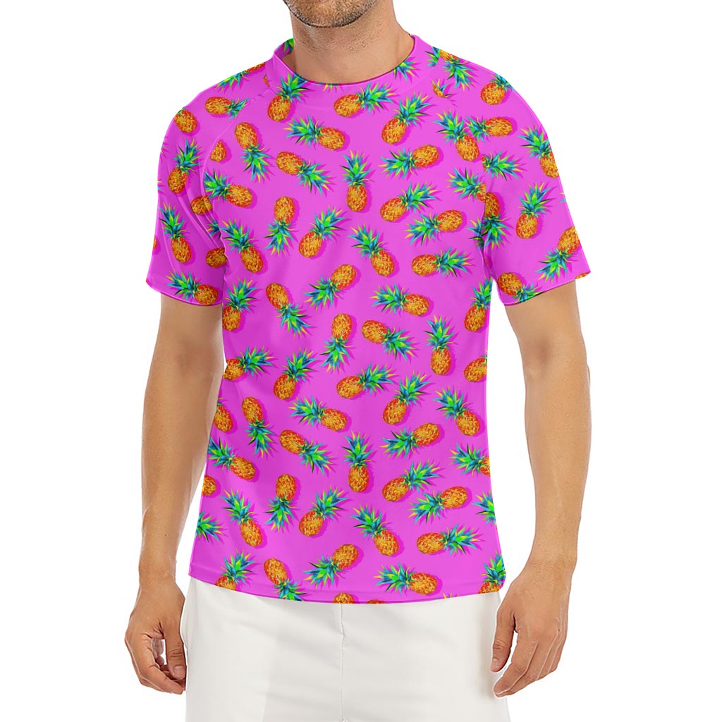 Hot Pink Pineapple Pattern Print Men's Short Sleeve Rash Guard
