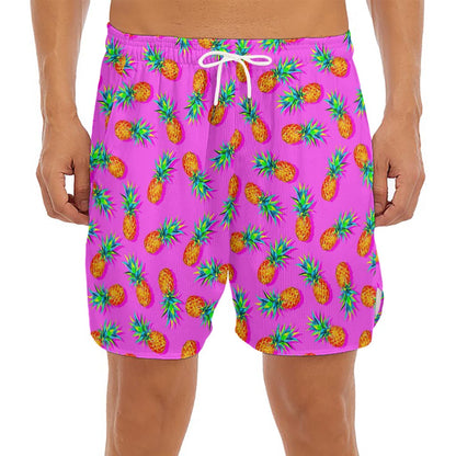 Hot Pink Pineapple Pattern Print Men's Split Running Shorts