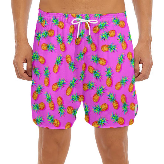 Hot Pink Pineapple Pattern Print Men's Split Running Shorts