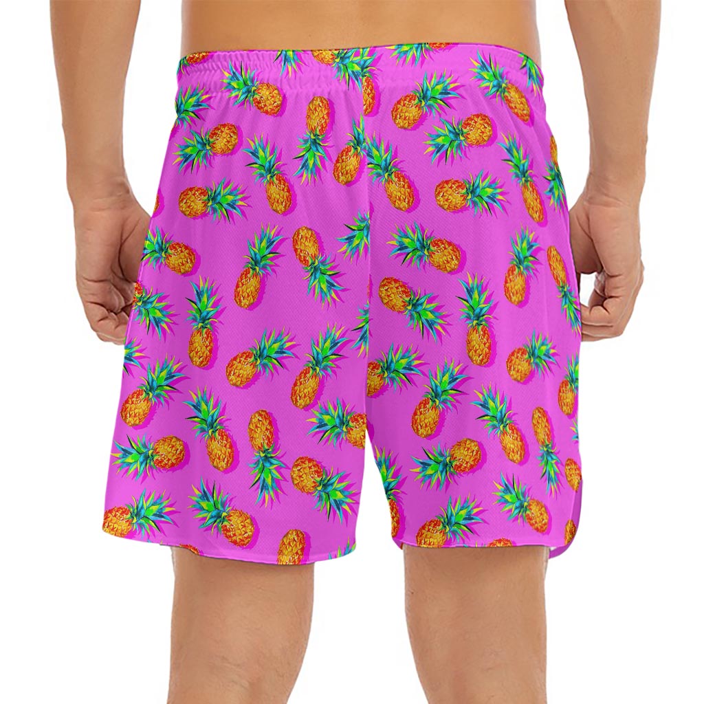 Hot Pink Pineapple Pattern Print Men's Split Running Shorts