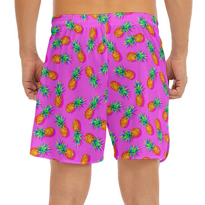Hot Pink Pineapple Pattern Print Men's Split Running Shorts