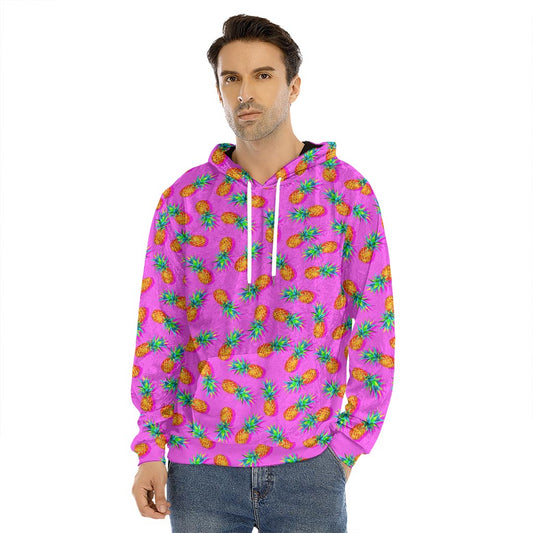 Hot Pink Pineapple Pattern Print Men's Velvet Pullover Hoodie