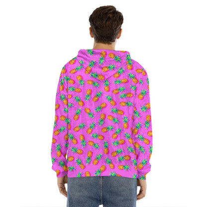 Hot Pink Pineapple Pattern Print Men's Velvet Pullover Hoodie