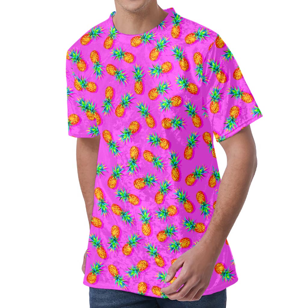 Hot Pink Pineapple Pattern Print Men's Velvet T-Shirt