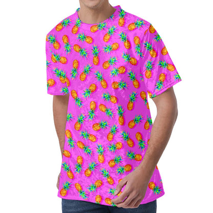 Hot Pink Pineapple Pattern Print Men's Velvet T-Shirt